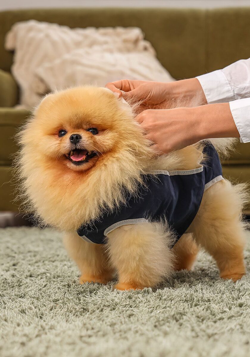 Pomeranian dog wearing recovery suit after sterilization