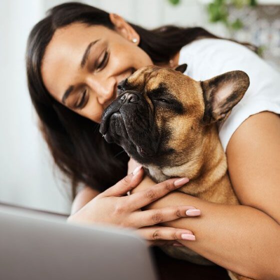 Pet Owner Hugging Dog In Front Of Laptop